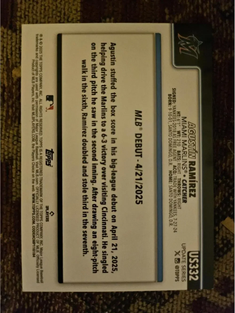 2025 Topps Update - Agustin Ramirez - RC  #USC332 - Marlins - RAW Mint - Picture 2 of 2